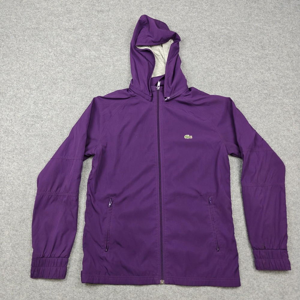 Lacoste Sport Jacket Womens Small 36 Purple Hooded Full Zip Lined Windbreaker